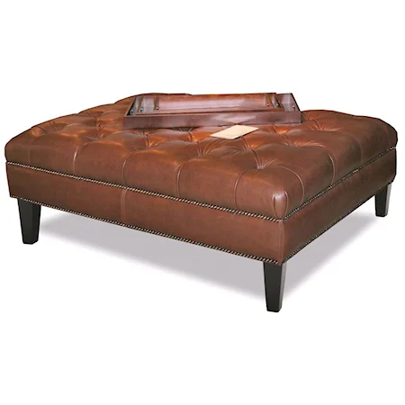 Tufted Top Ottoman with Exposed Wood Legs